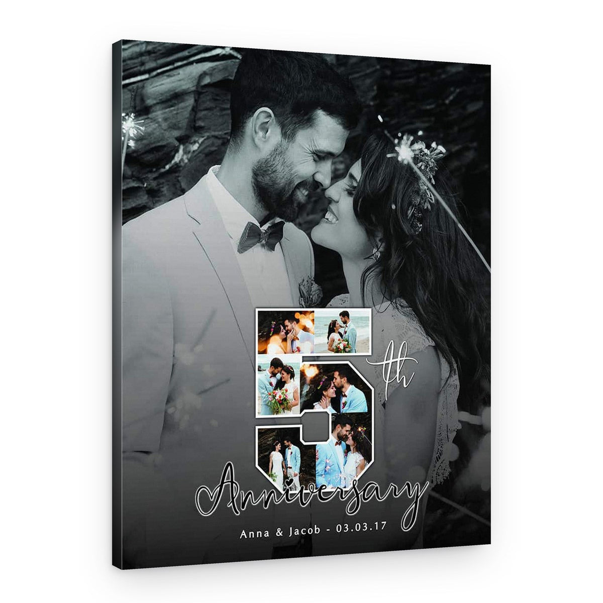 5th Anniversary Number Photo Collage Black And White Canvas Print – Canvas Print