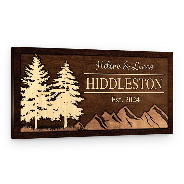 Personalized Family Name Mountain Pine Trees Canvas Sign