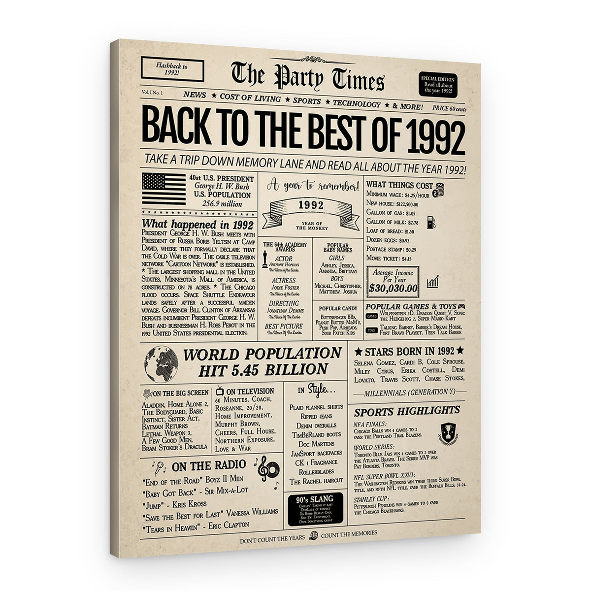 Back In 1992 32nd Birthday Newspaper Canvas Print – Canvas Print