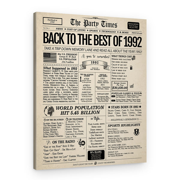 Back In 1992 32nd Birthday Newspaper Canvas Print