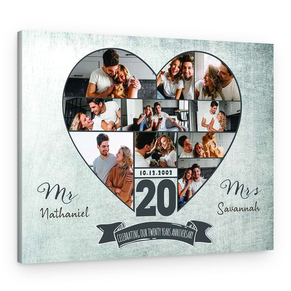 20th Anniversary Heart-Shaped Photo Collage Canvas Print