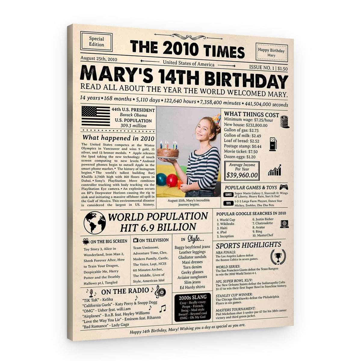 14th Birthday Gift: 2010 Birthday Newspaper Canvas – Canvas Print