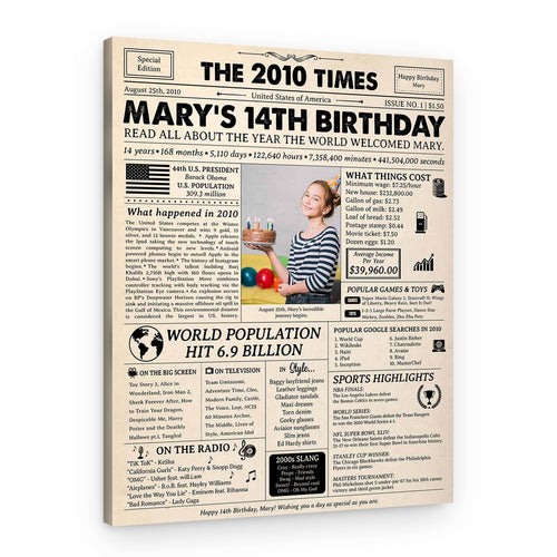 14th Birthday Gift: 2010 Birthday Newspaper Canvas – Canvas Print