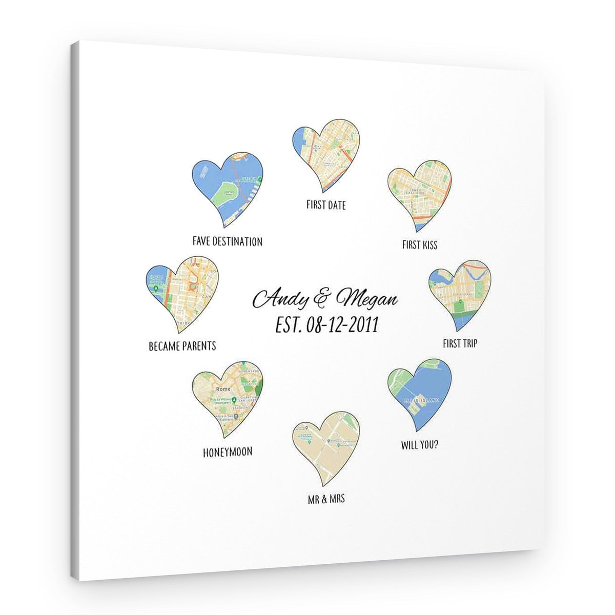 Custom Relationship Canvas with 8 Heart-Shaped Location Maps – Canvas Print