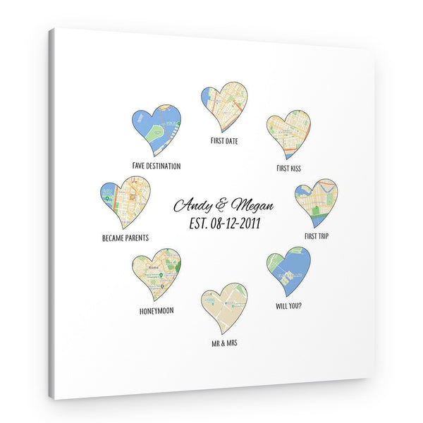 Custom Relationship Canvas with 8 Heart-Shaped Location Maps