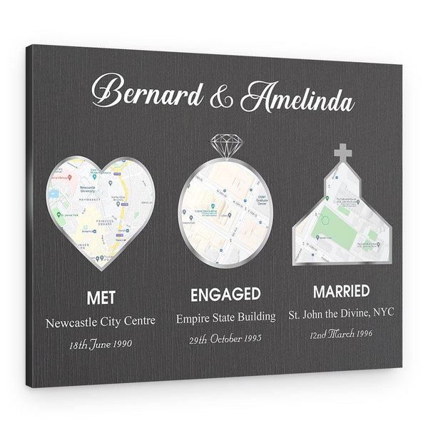 Met – Engaged – Married Custom Map Canvas Print