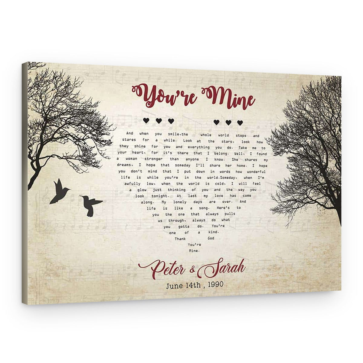 Heart-Shaped Bird Custom Song Lyrics Canvas Print – Canvas Print – Design A