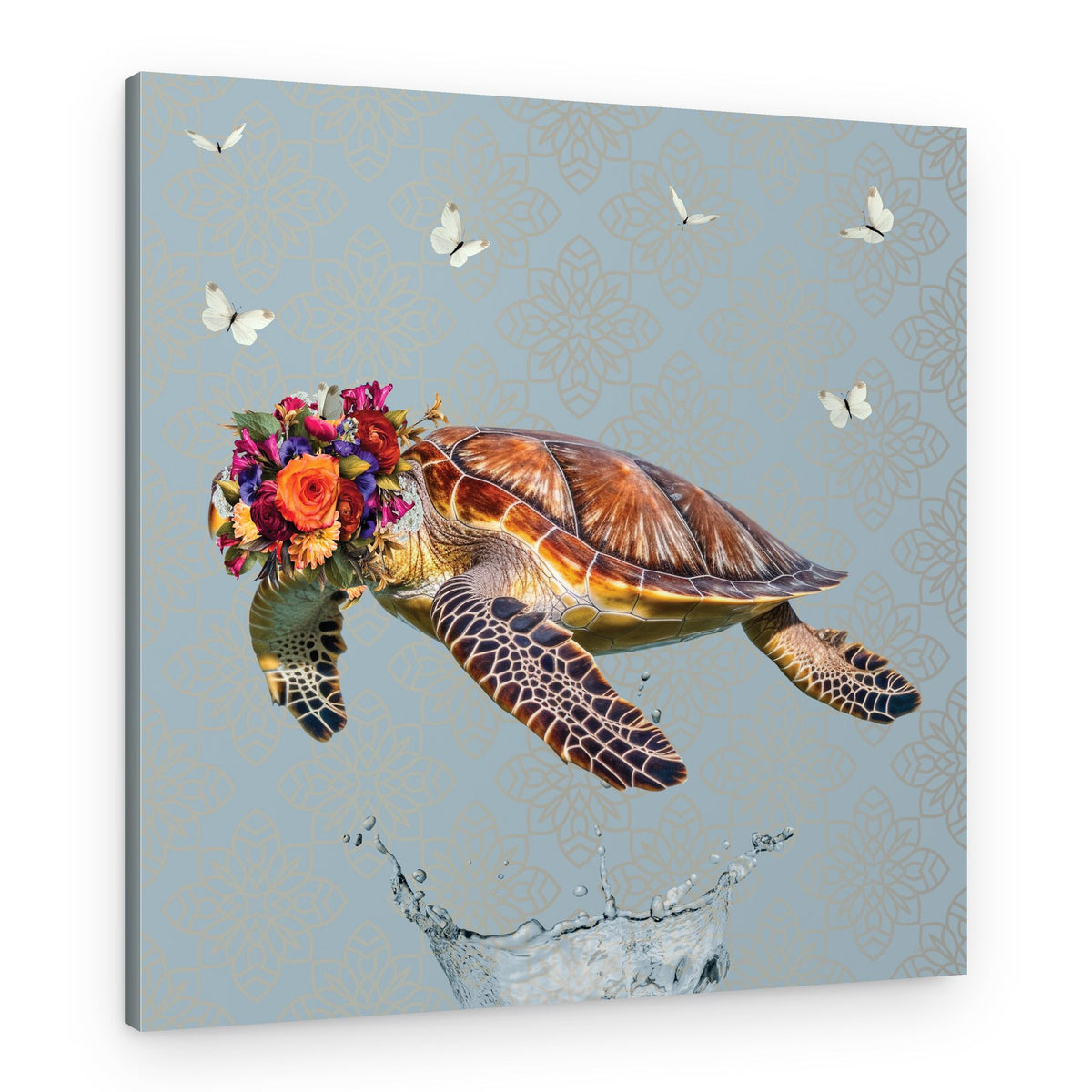 Floral Crown Turtle Splash – Canvas Print