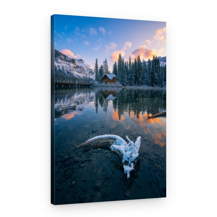 Snowy Mountain Cabin Reflection – Canvas Print