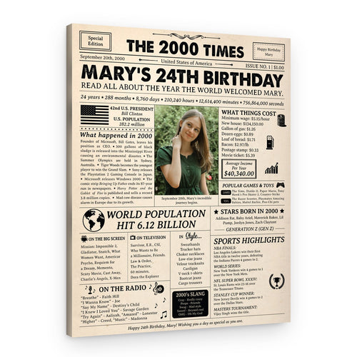 24th Birthday Gift: 2000 Birthday Newspaper Canvas – Canvas Print