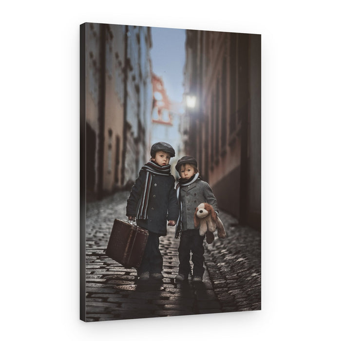 Young Travelers Cobblestone Alley – Canvas Print