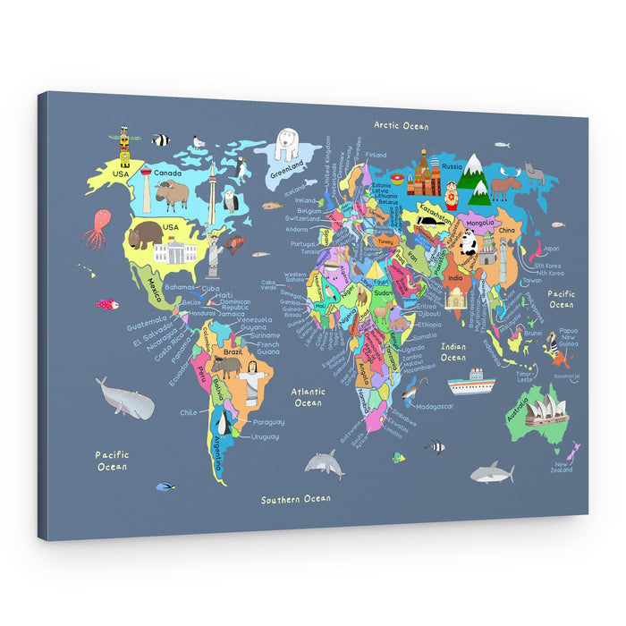 Cute Animal World Map – Canvas Print