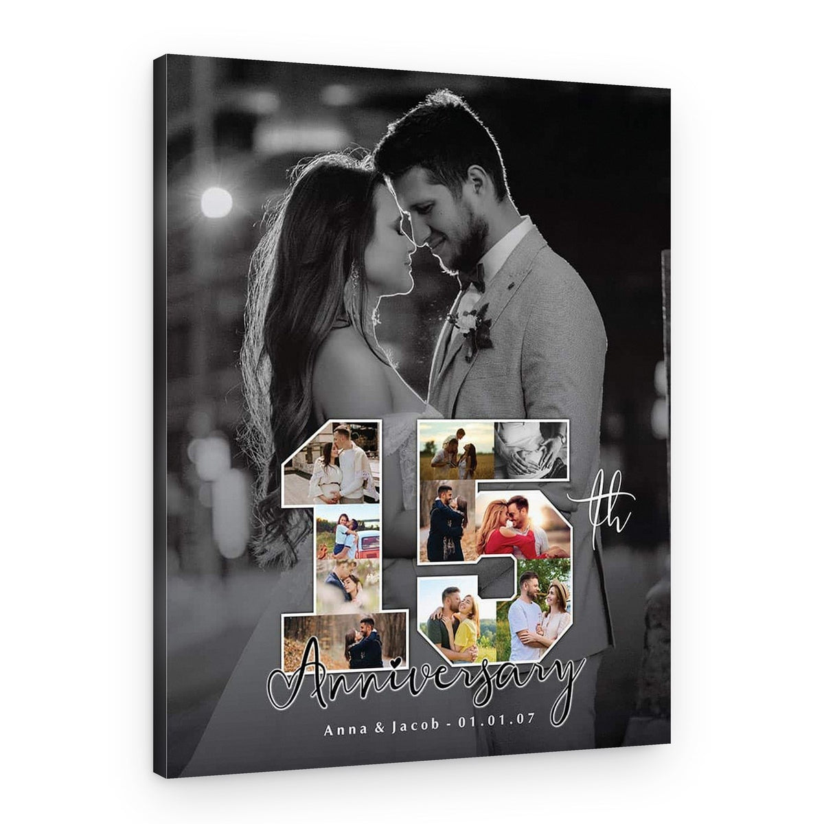 15th Anniversary Number Photo Collage Black And White Canvas Print – Canvas Print