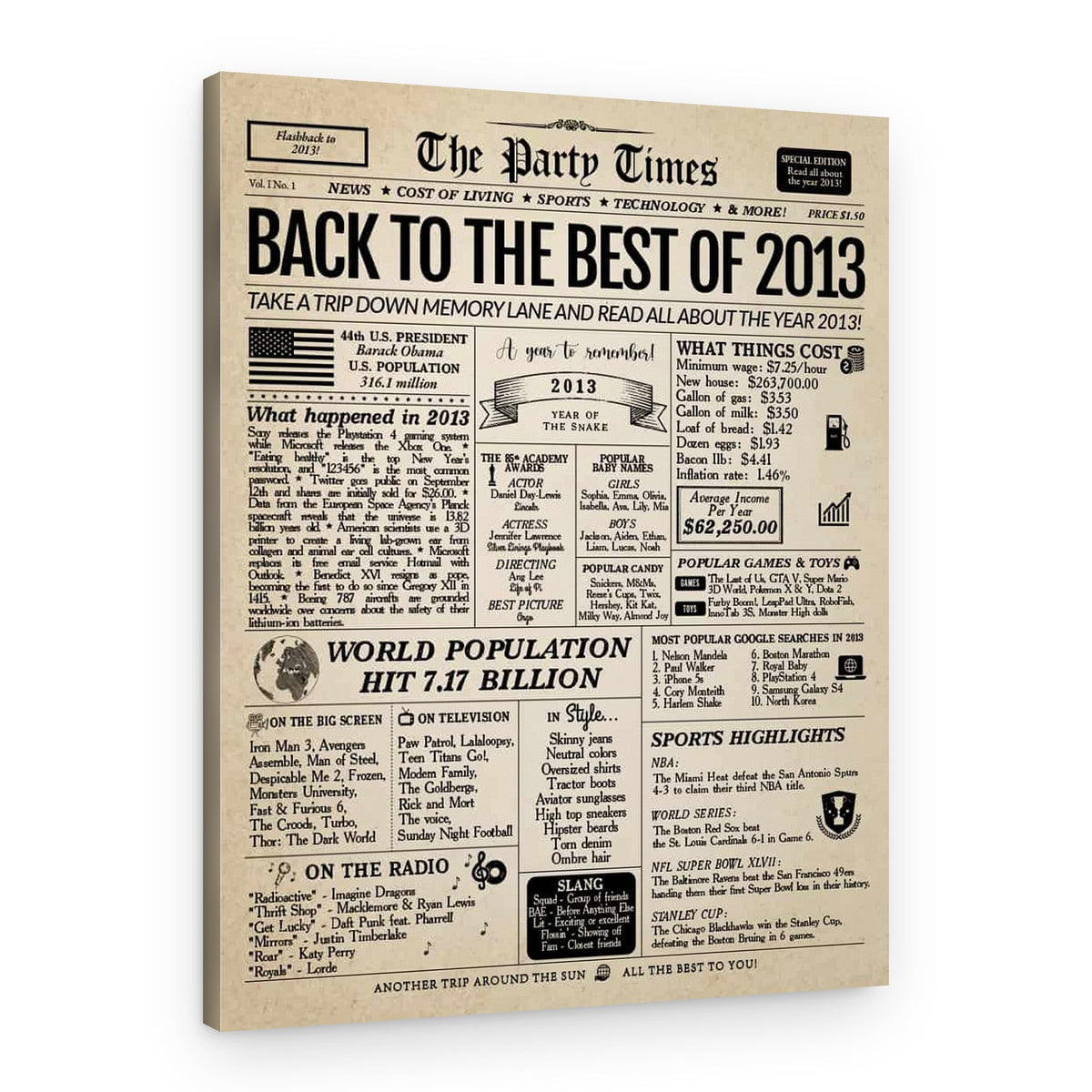 Back In 2013 11th Birthday Newspaper Canvas Print – Canvas Print