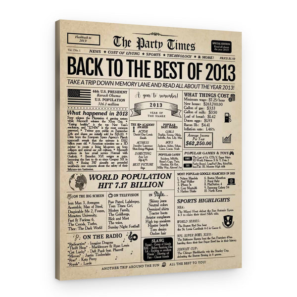 Back In 2013 11th Birthday Newspaper Canvas Print