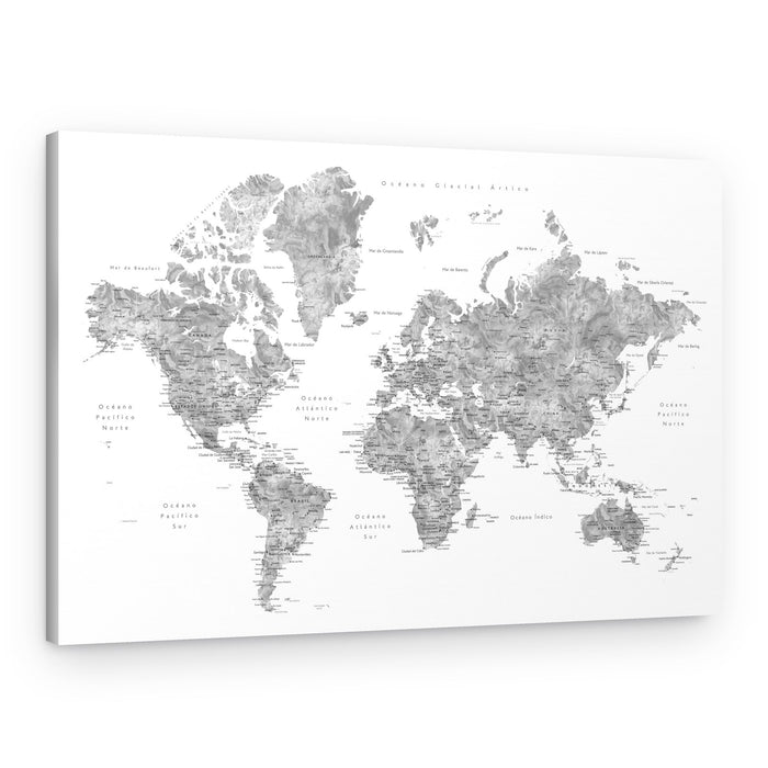 Detailed Grayscale World Map – Canvas Print