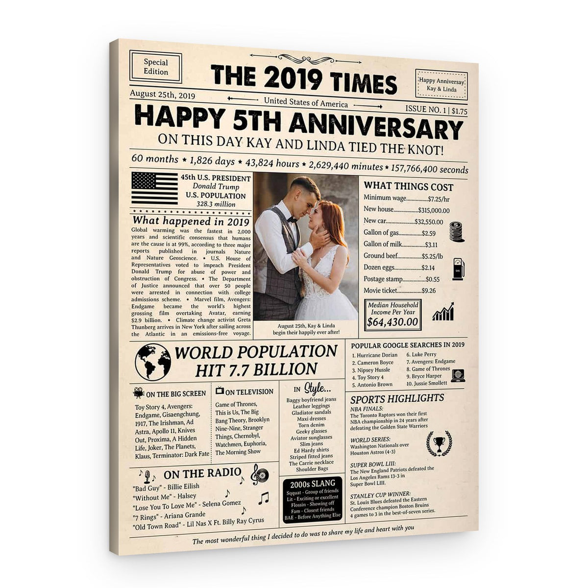 Happy 5th Wedding Anniversary Custom Photo Newspaper Canvas Print – Canvas Print