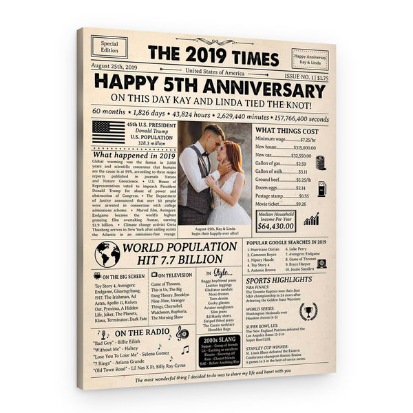 Happy 5th Wedding Anniversary Custom Photo Newspaper Canvas Print