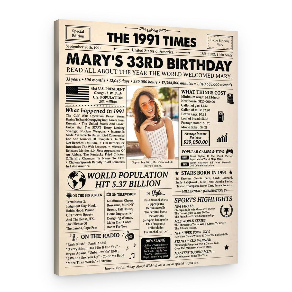 33rd Birthday Gift: 1991 Birthday Newspaper Canvas – Canvas Print