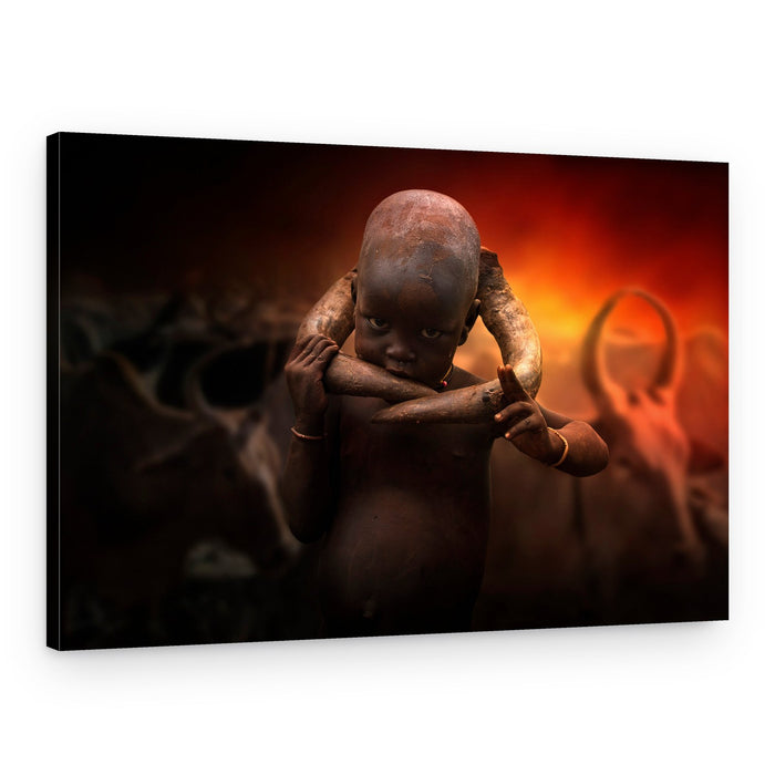 Tribal Child Holding Horns – Canvas Print
