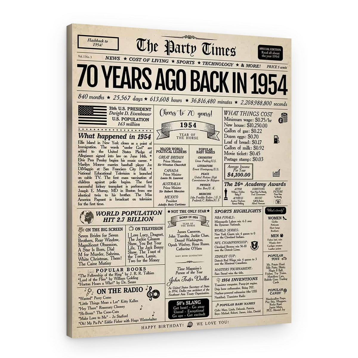 Back In 1954 70th Birthday Newspaper  Canvas Print – Canvas Print