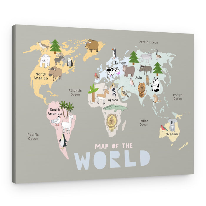 Cute Animal World Map – Canvas Print