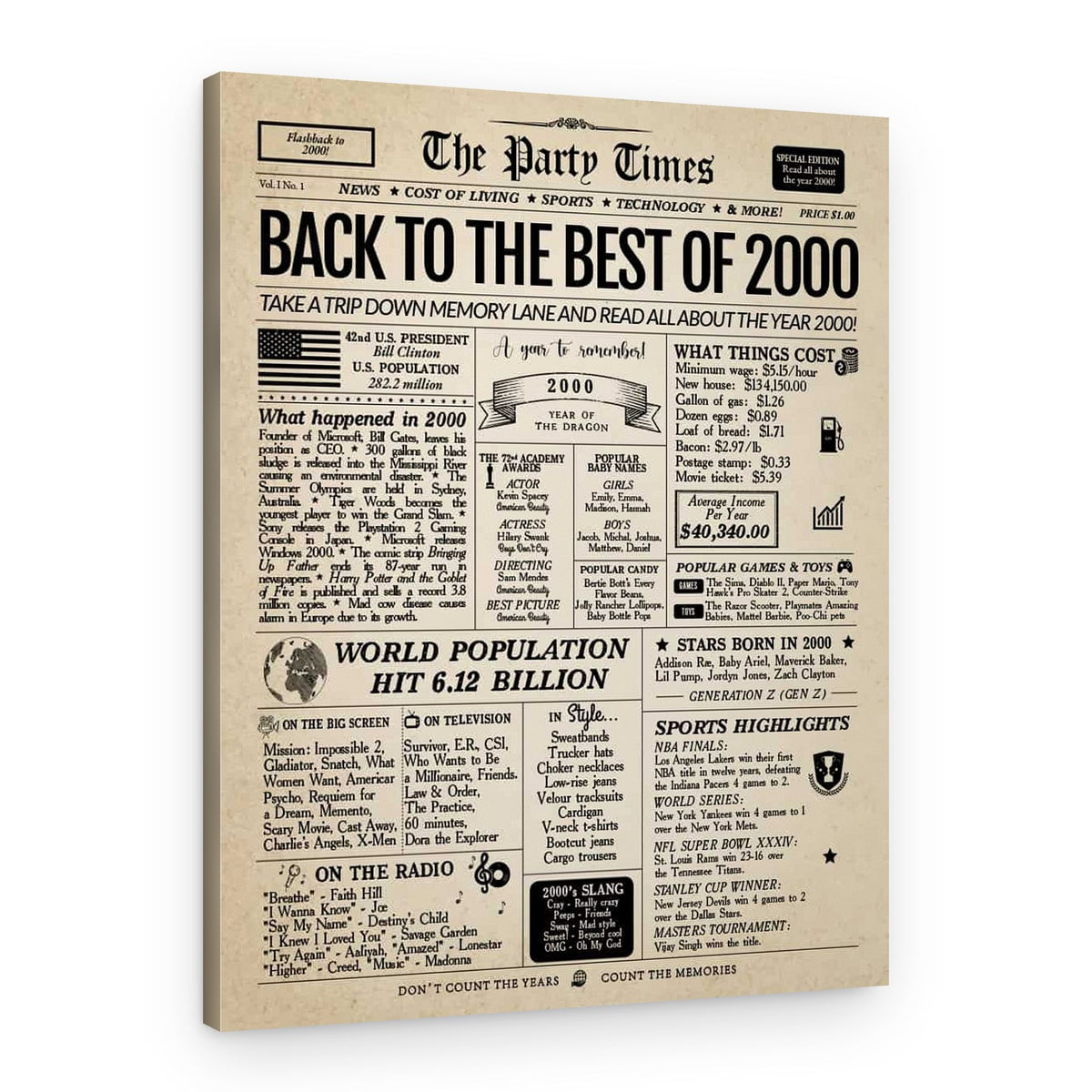 Back In 2000 24th Birthday Newspaper  Canvas Print – Canvas Print