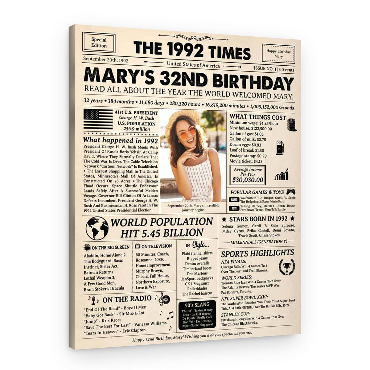 32nd Birthday Gift: 1992 Birthday Newspaper Canvas – Canvas Print