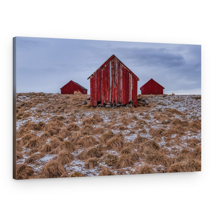 Rustic Red Winter Cabins – Canvas Print