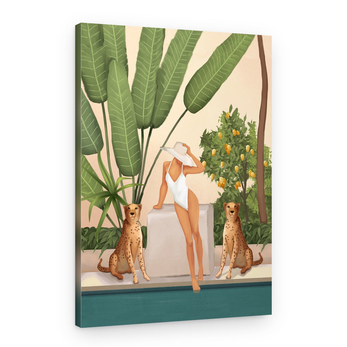 Tropical Woman and Cheetahs – Canvas Print