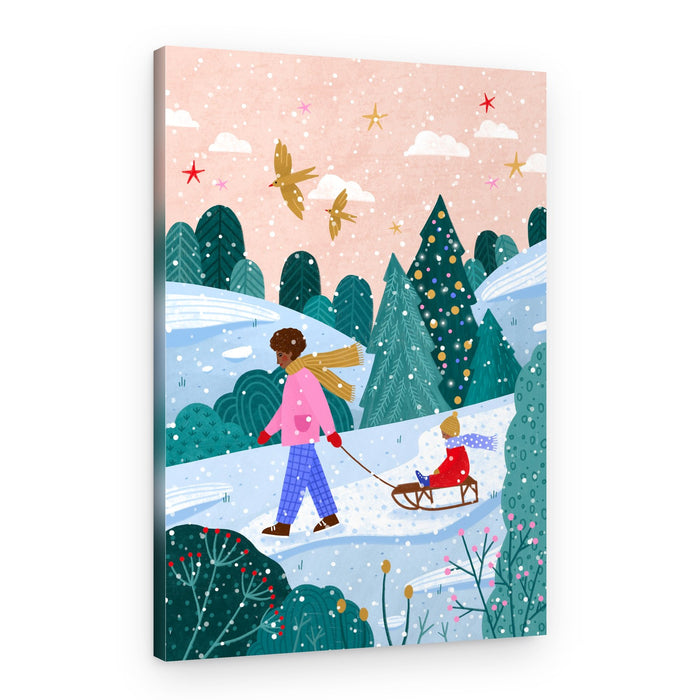 Snowy Forest Sledding – Canvas Print