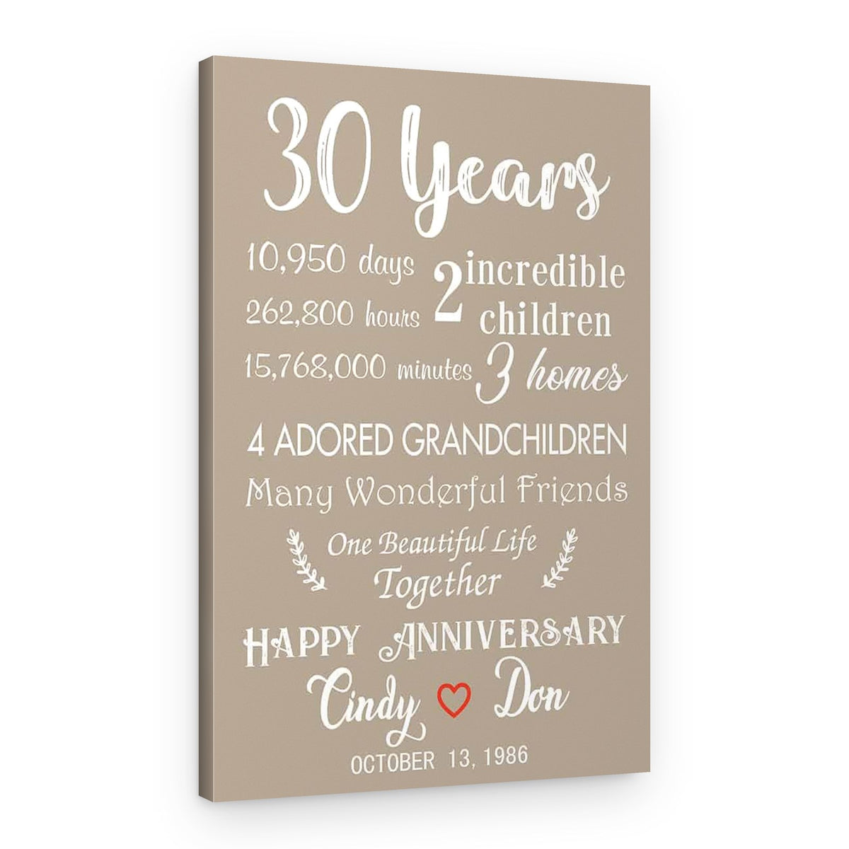 30th Wedding Anniversary Canvas – One Beautiful Life Together – Canvas Print – Design C