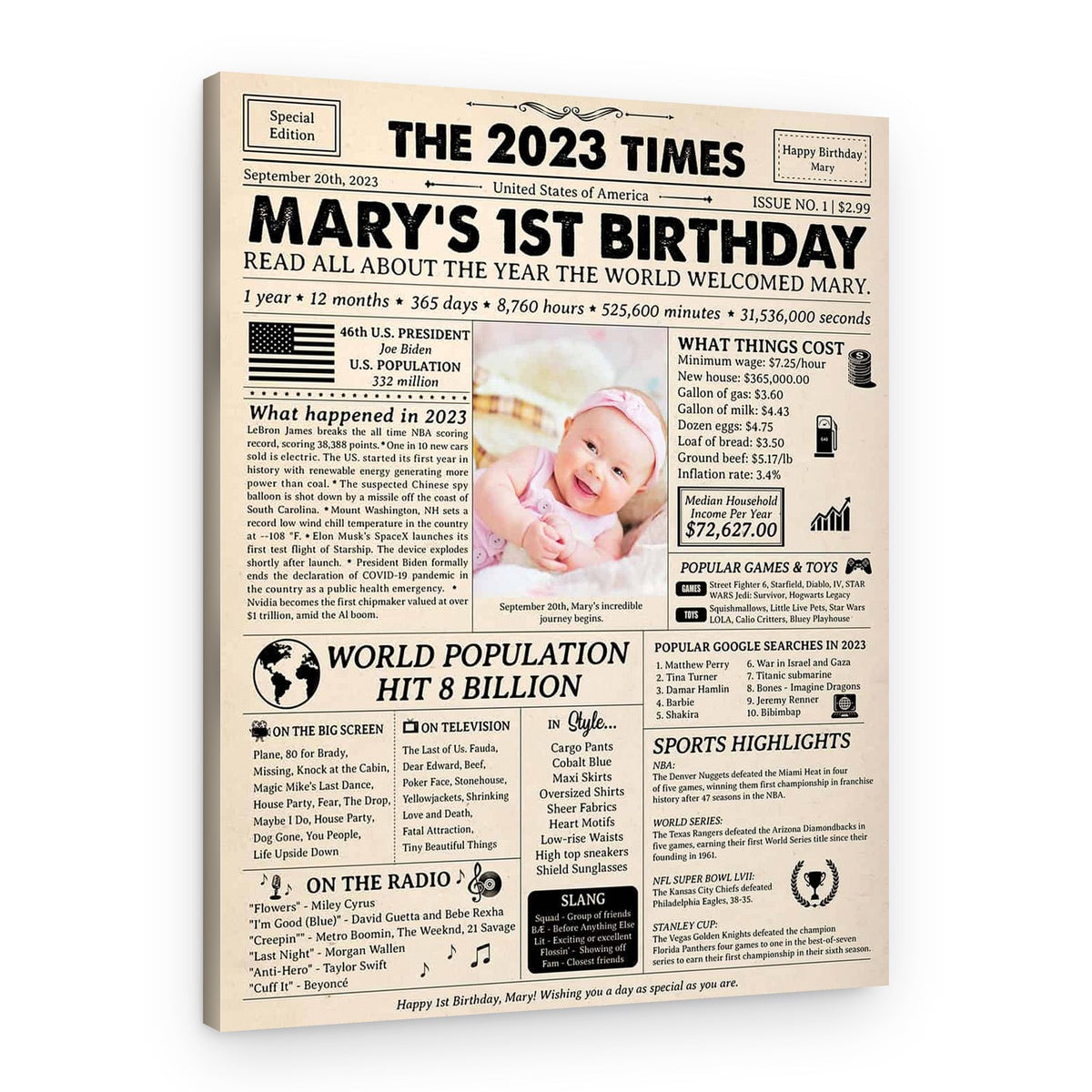 1st Birthday Gift for Baby: 2023 Birthday Newspaper Canvas – Canvas Print