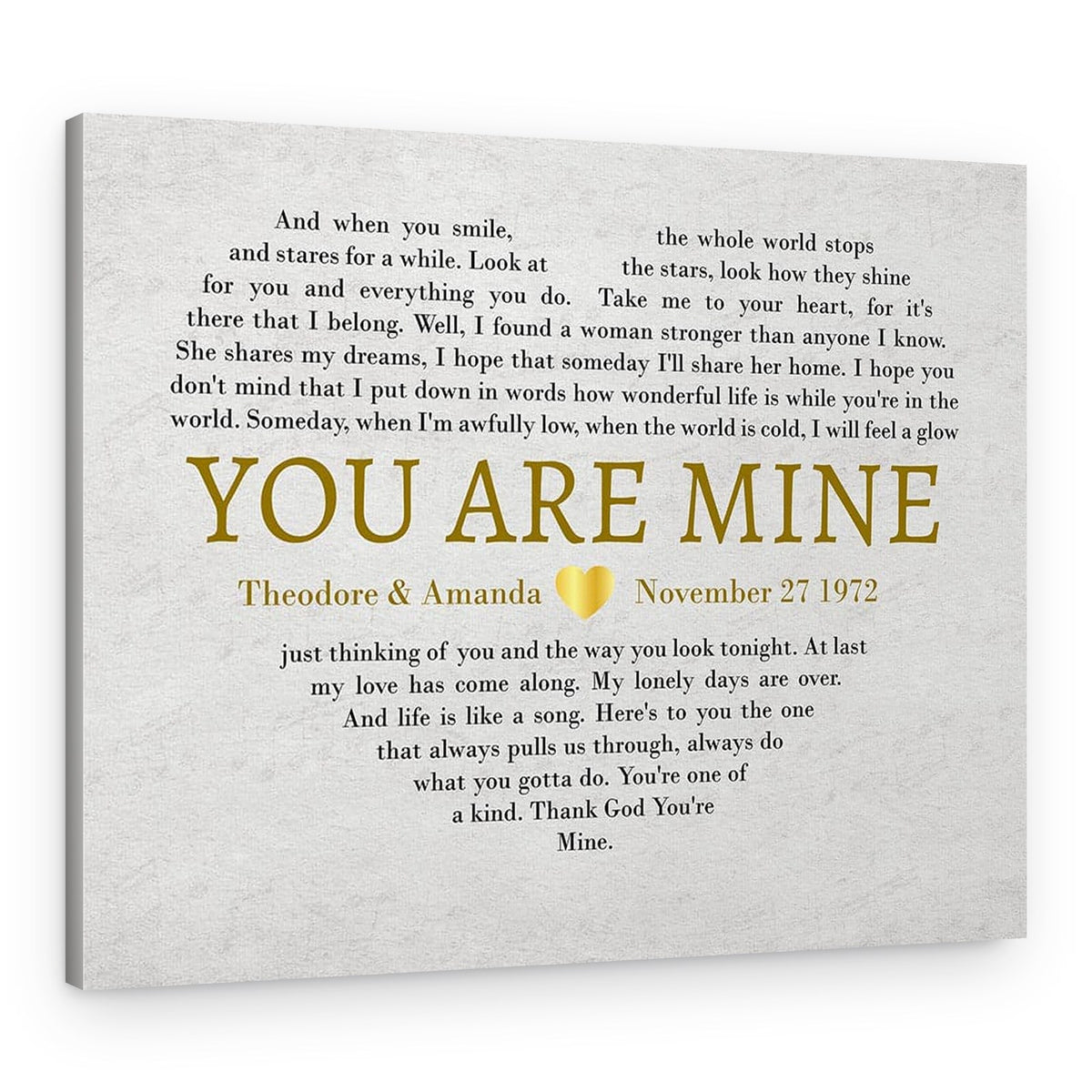Golden Wedding Anniversary – Heart Shaped Custom Song Lyrics Canvas Print – Canvas Print