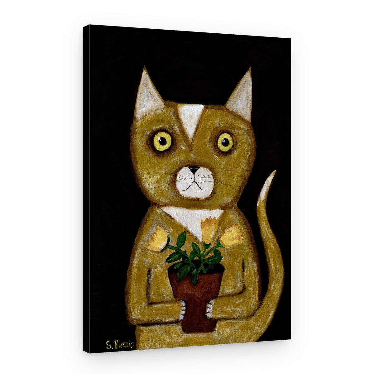Whimsical Cat with Flowers – Canvas Print