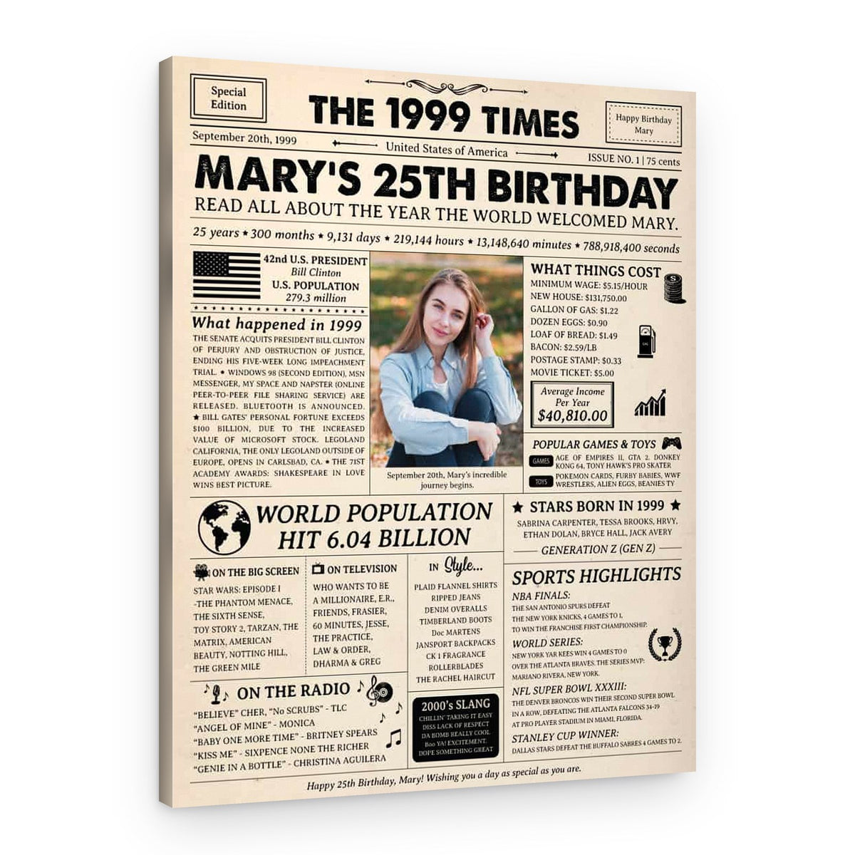 25th Birthday Gift: 1999 Birthday Newspaper Canvas – Canvas Print