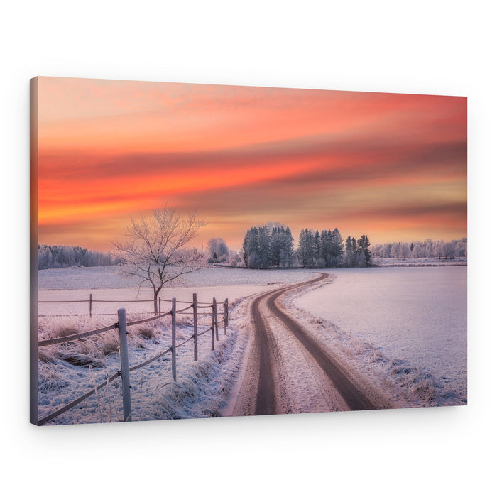 Snowy Country Road Sunset – Canvas Print