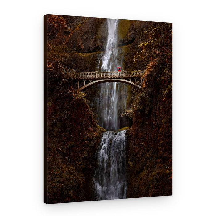 Red Umbrella Waterfall Bridge – Canvas Print