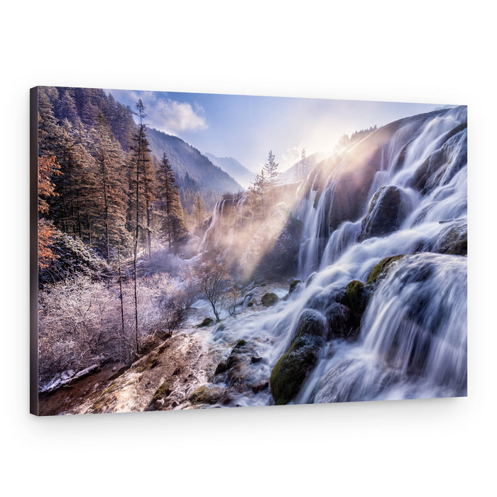 Sunlit Forest Waterfall – Canvas Print