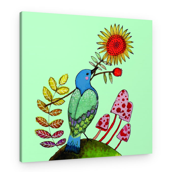 Whimsical Bird and Mushrooms – Canvas Print