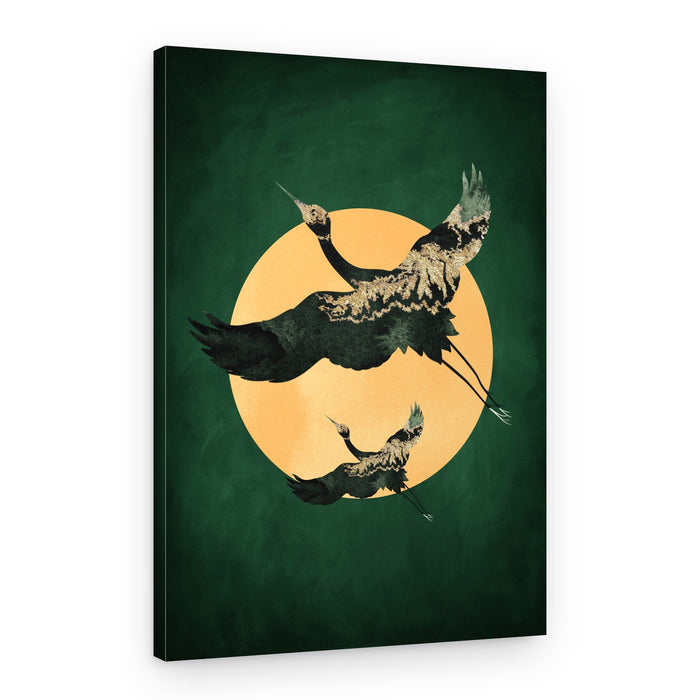 Golden Cranes Moon Flight – Canvas Print