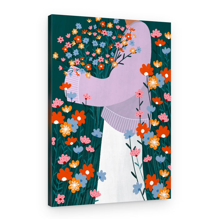 Happy Woman Holding Flowers – Canvas Print