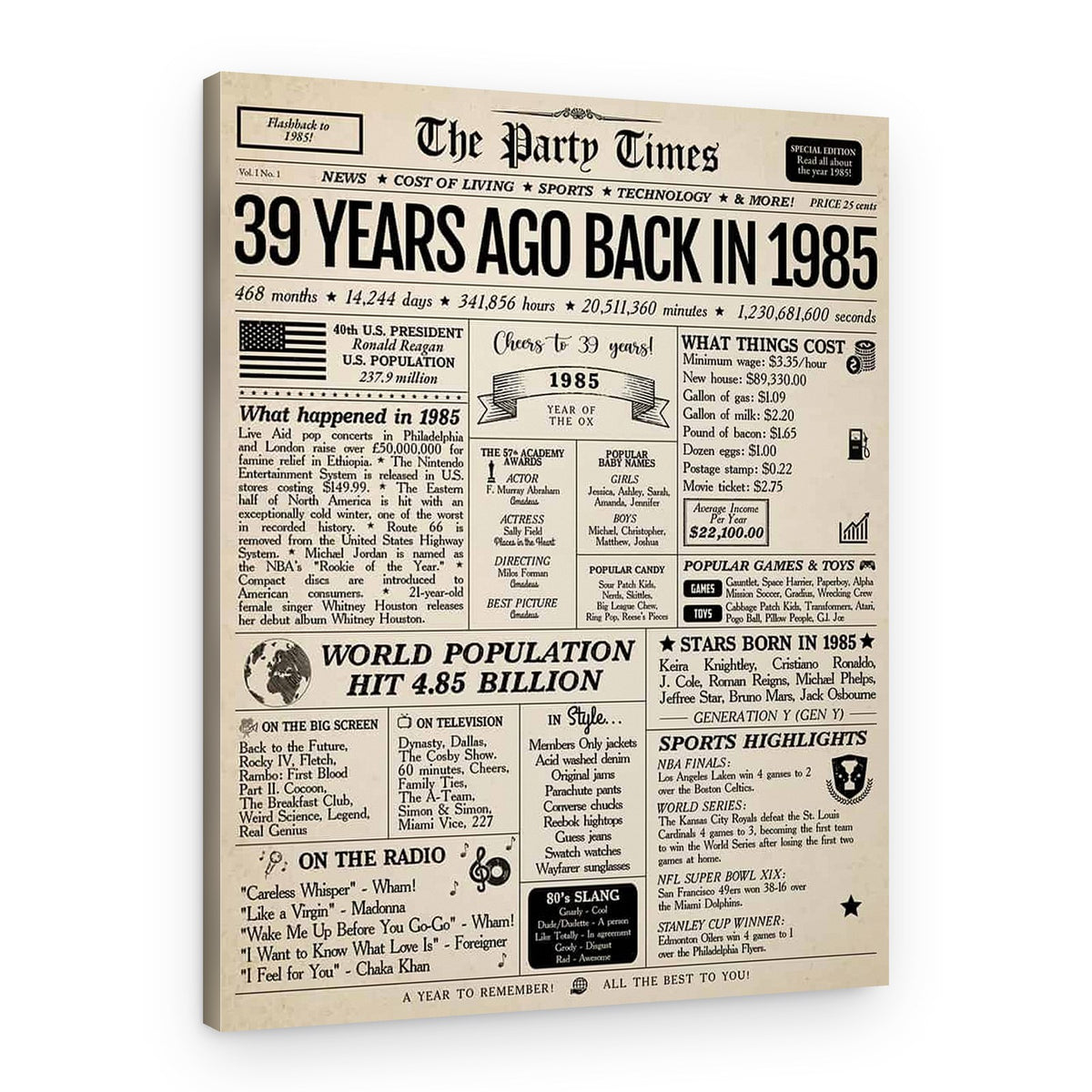 Back In 1985 39th Birthday Newspaper Canvas Print – Canvas Print
