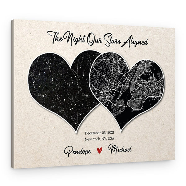 The Night Our Stars Aligned Dual Heart Map Canvas Print