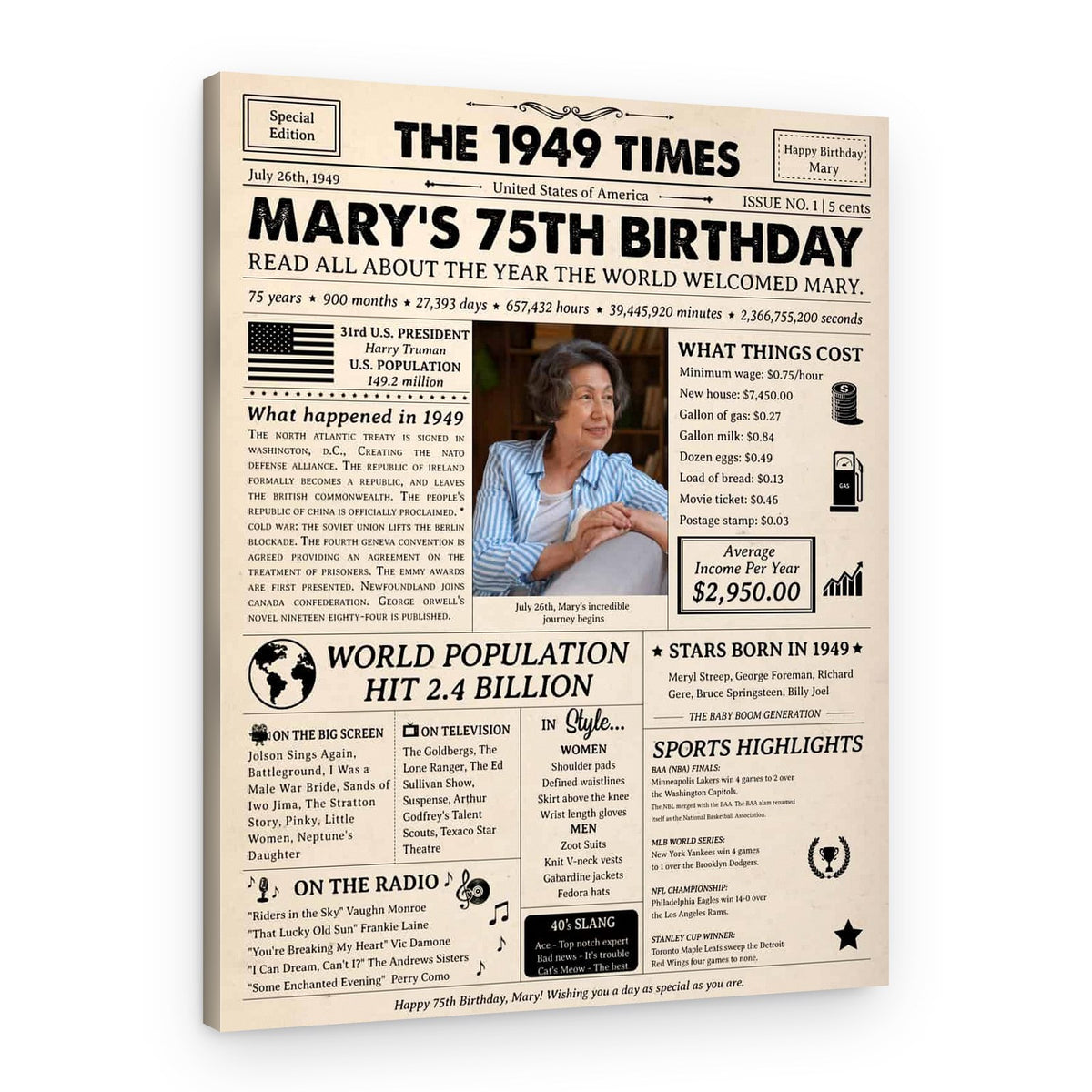 75th Birthday Gift: 1949 Birthday Newspaper Canvas – Canvas Print