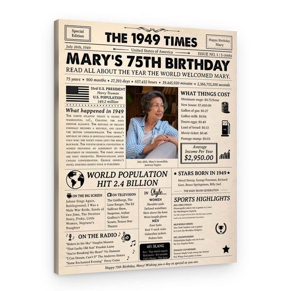 75th Birthday Gift: 1949 Birthday Newspaper Canvas