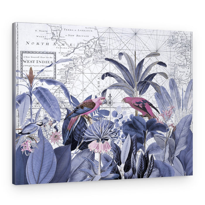 Pink Parrots Tropical Map – Canvas Print