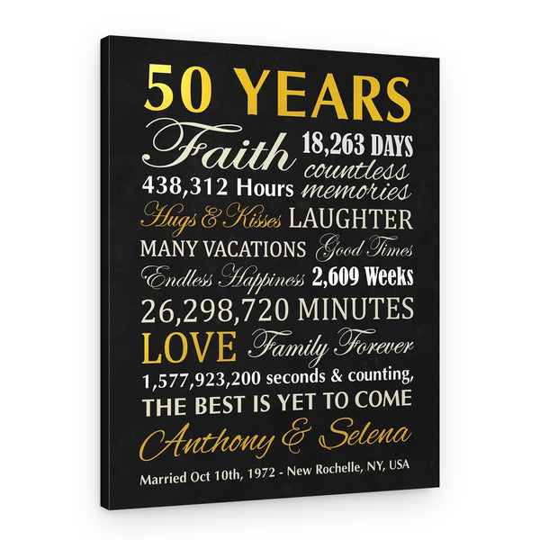 50th Wedding Milestone Anniversary Black Background Custom Canvas Print