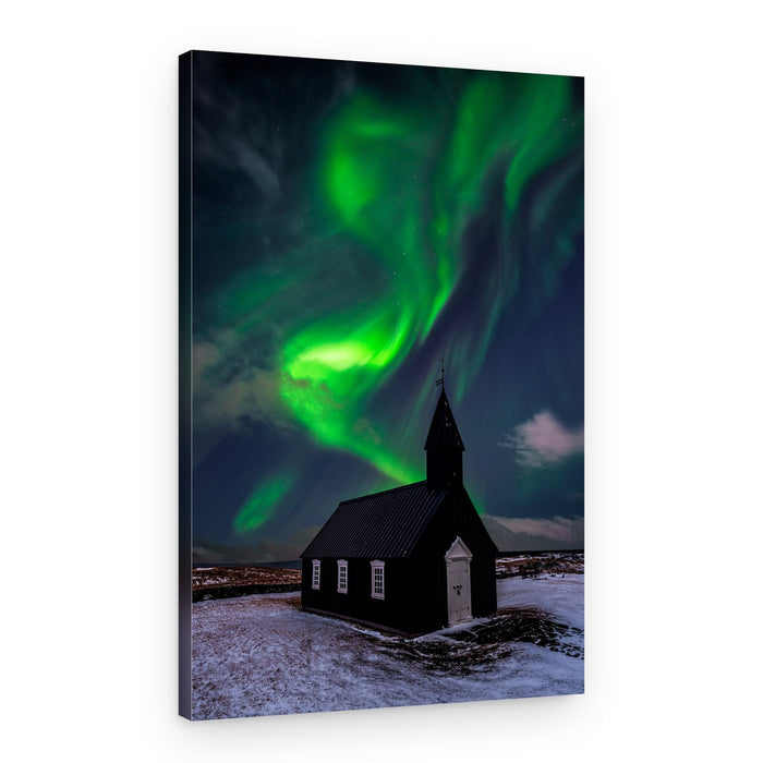 Green Aurora Black Church – Canvas Print