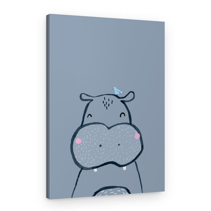 Sweet Hippo and Bird – Canvas Print